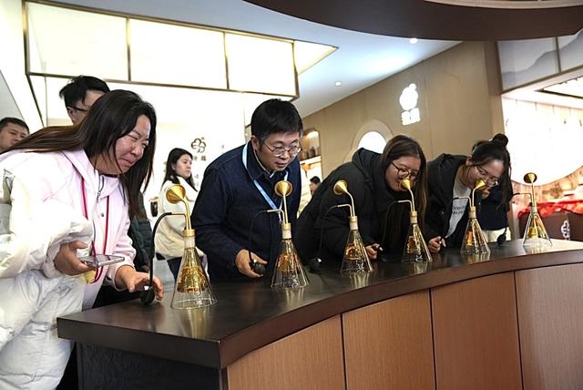 11月14日，游客在汾阳汾蕴酒厂学习分辨白酒种类。 澎湃新闻记者 王珏玮 图