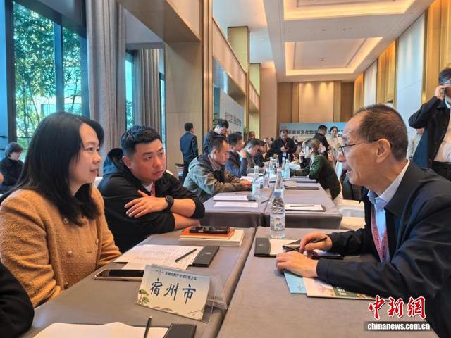 11月16日,在安徽文旅产业链对接大会现场,客商(右)与安徽省宿州市相关部门进行洽谈。中新社记者 张强 摄