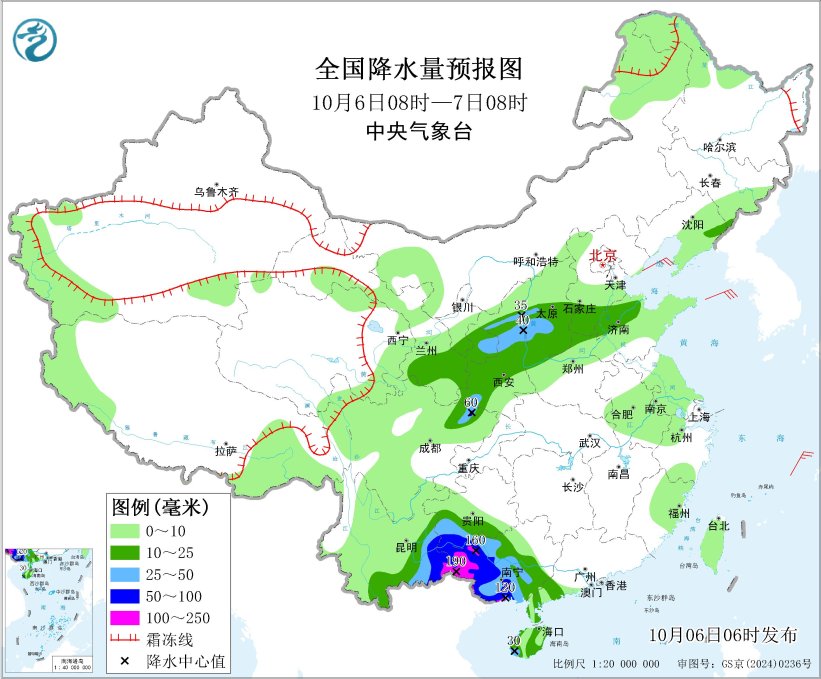 图4 全国降水量预报图（10月6日08时-7日08时）